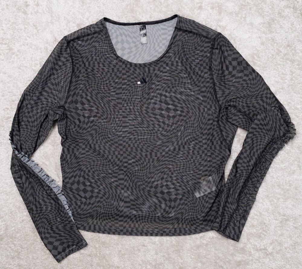 Adidas Print Clash Black Long Sleeve Yoga Shirt Black Gray Checker Womens XL